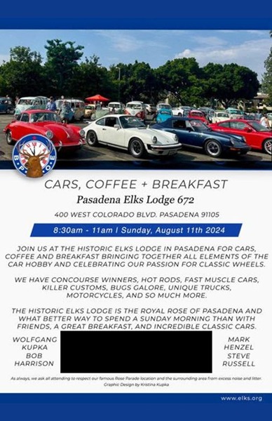 Pasadena Elks Cars, Coffee And Breakfast red banner